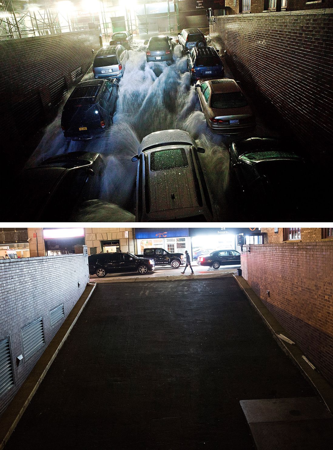 [Top] Rising water caused by Superstorm Sandy rushes into a parking garage on October 29, 2012 in New York City. [Bottom] Traffic drives past the garage (which is in use again) October 22, 2013 in New York City.
